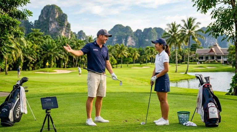 Huấn luyện viên hướng dẫn golfer trên sân tập tại một resort golf Thái Lan