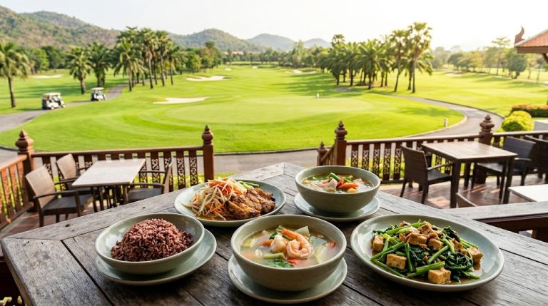 Các món ăn Thái trên sân hiên clubhouse nhìn ra sân golf